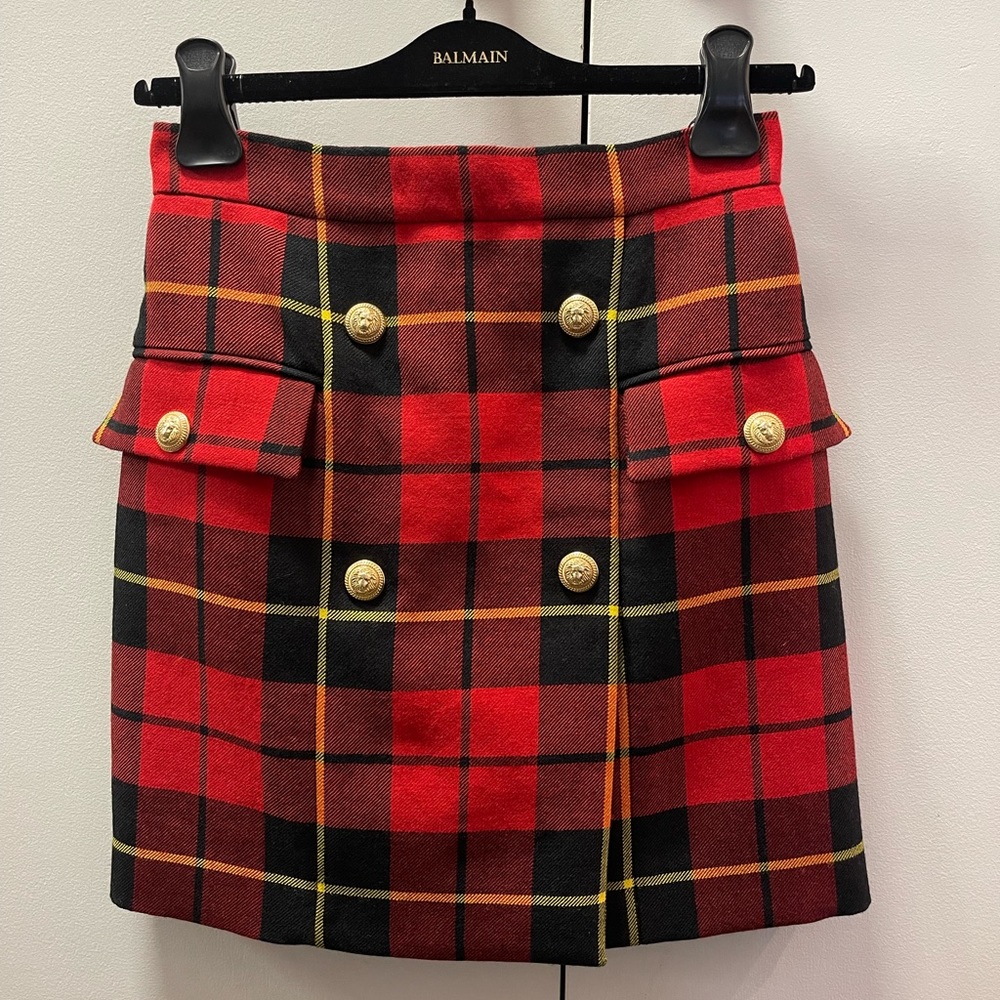 New Balmain Red Tartan Plaid Skirt